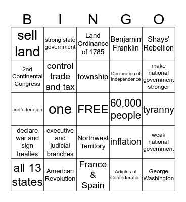 Articles of Confederation Bingo Card