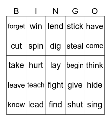 Irregular Verbs Bingo Card