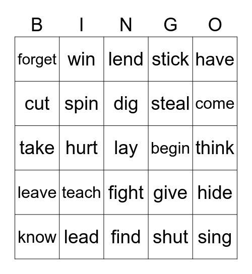 Irregular Verbs Bingo Card