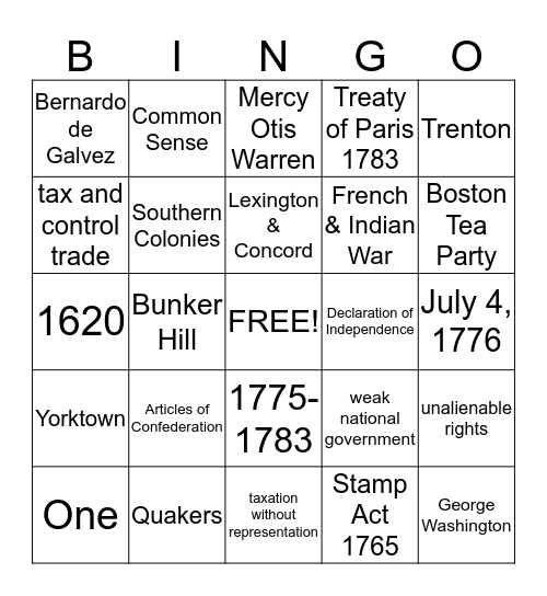 Colonies, Revolution & Articles of Confedertion Bingo Card
