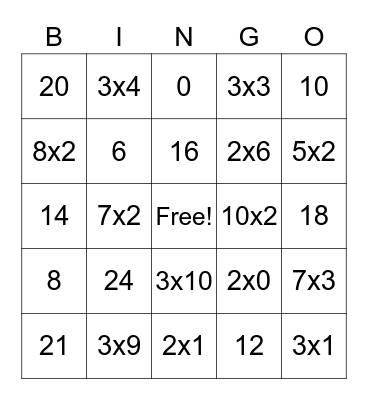 Multiplication Bingo Card