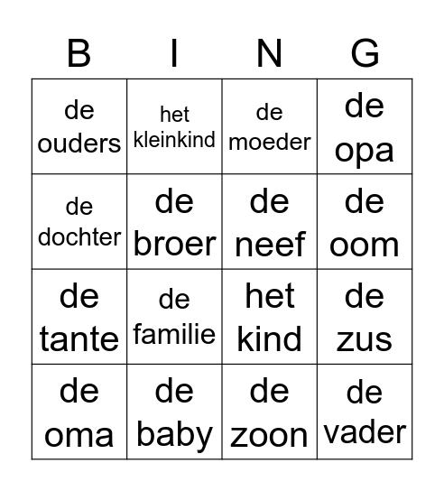 de familie Bingo Card