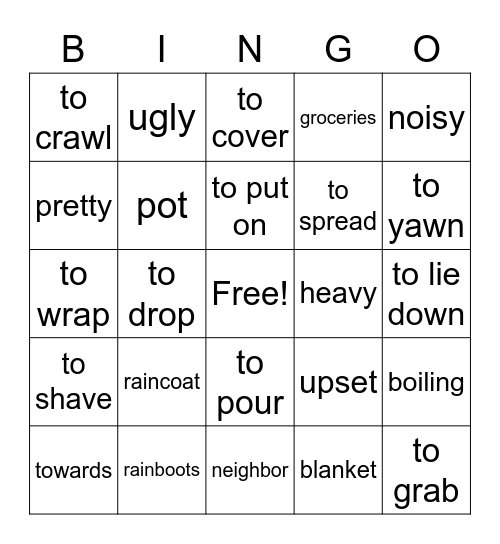 General Kids Vocab Bingo Card