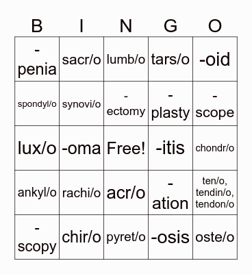 Skeletal System Bingo Card