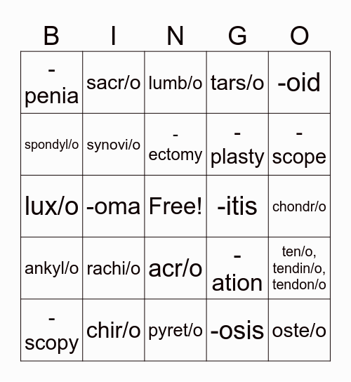 Skeletal System Bingo Card