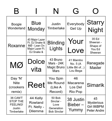 People' Place Music Bingo Card