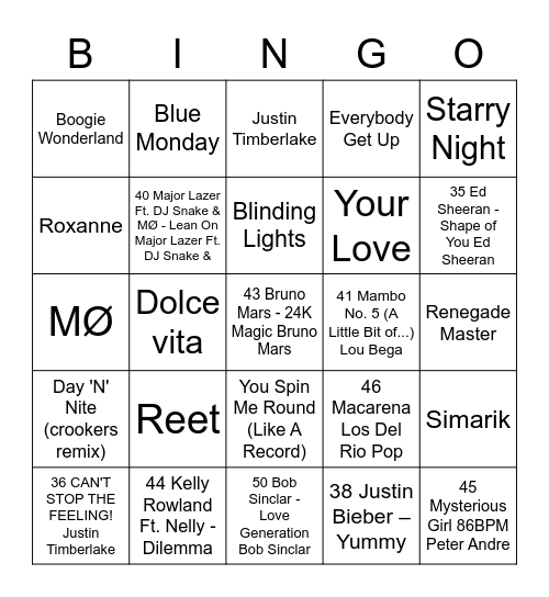 People' Place Music Bingo Card