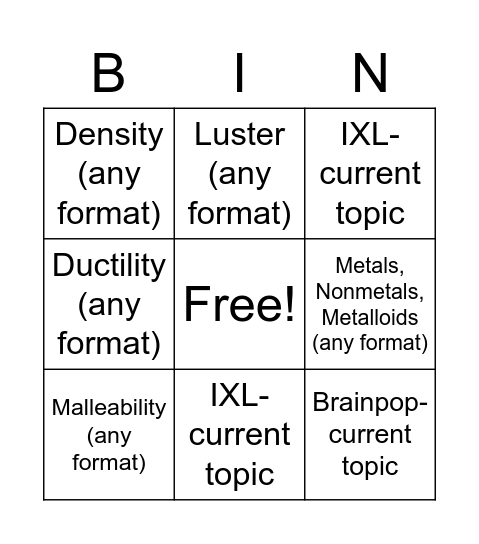 Unit 2- Density and POM Bingo Card