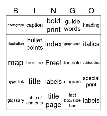 Text Features Bingo Card