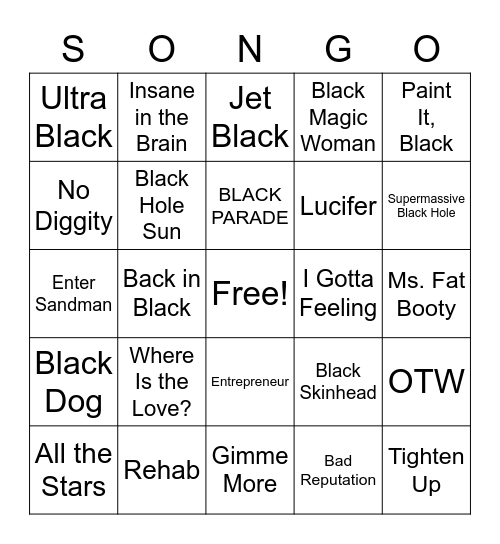 Black Colors Bingo Card