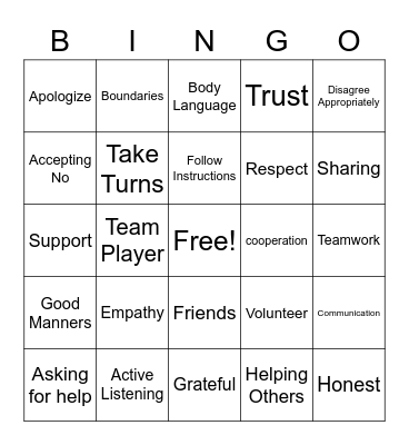 Social Skills Bingo Card