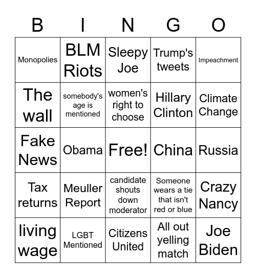 First Democratic Presidential Debate 2020 Bingo Card