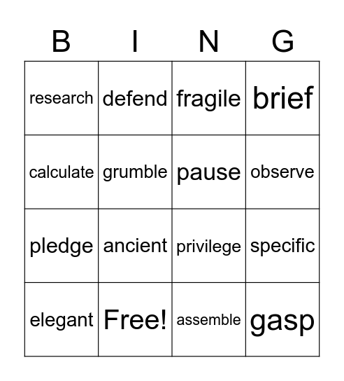 Vocabulary Weeks 1-3 Bingo Card