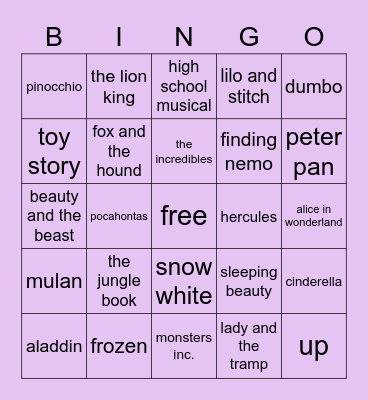 DISNEY MOVIE Bingo Card