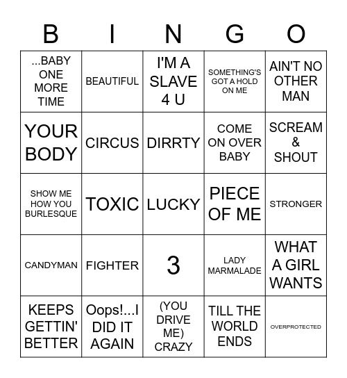 Christina VS Britney Bingo Card