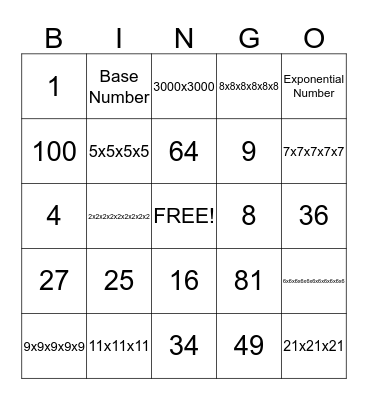 Exponent Bingo Card