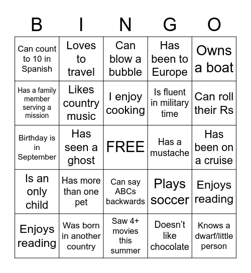 Get to Know Each Other! Bingo Card