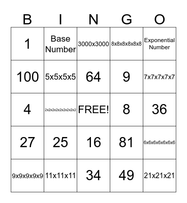 Exponent Bingo Card