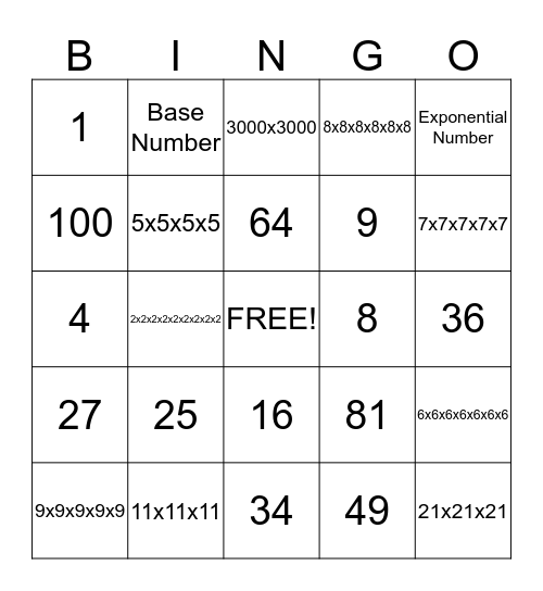 Exponent Bingo Card