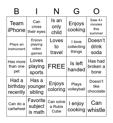 Get to Know Each Other! Bingo Card
