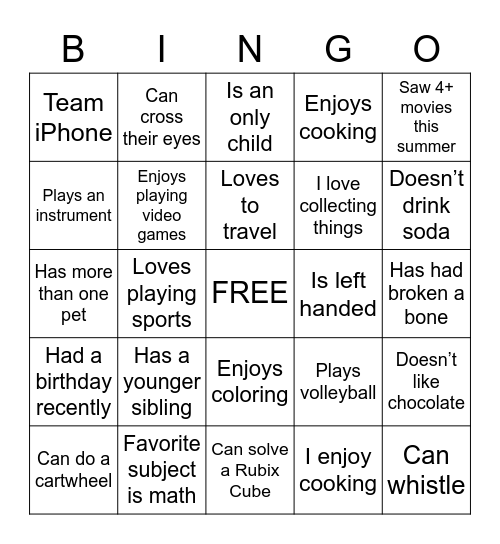 Get to Know Each Other! Bingo Card