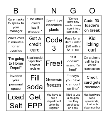 Lowe's Cashier Bingo Card
