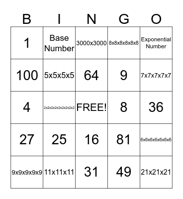 Exponent Bingo Card