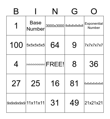 Exponent Bingo Card