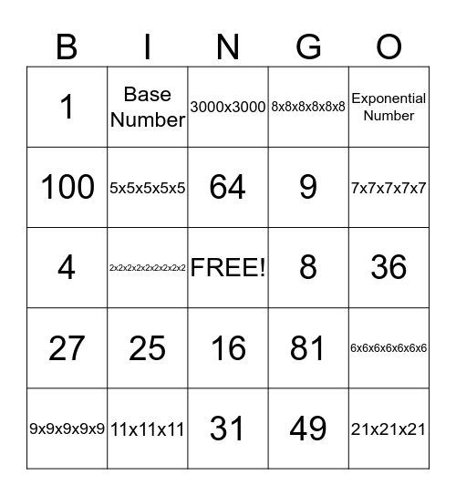 Exponent Bingo Card