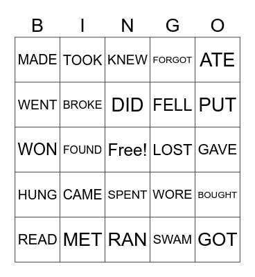 IRREGULAR VERBS BINGO Card