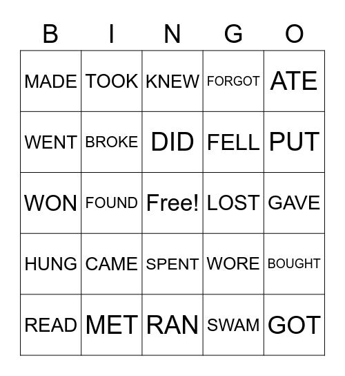 IRREGULAR VERBS BINGO Card