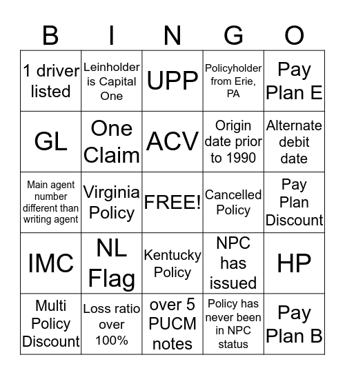 Insurance Bingo Card