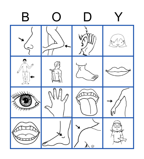 THE PARTS OF THE BODY IN ENGLISH Bingo Card
