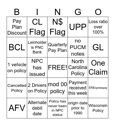 Insurance Bingo Card