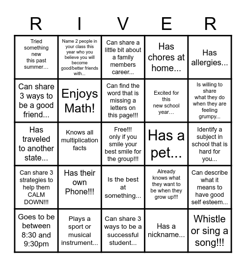 Back to School Bingo - Riverside Bingo Card