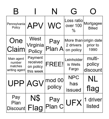 Insurance Bingo Card
