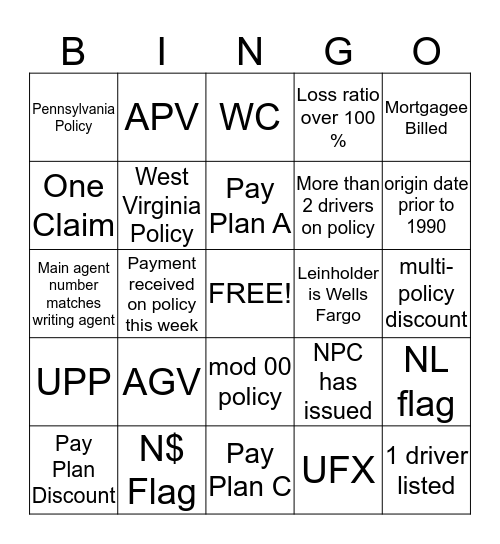 Insurance Bingo Card