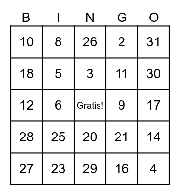 French Numbers 1-31 Bingo Card