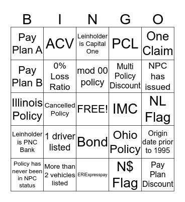 Insurance Bingo Card