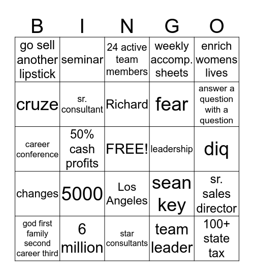 Mary Kay Bingo Card