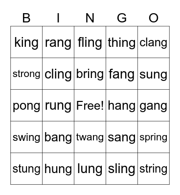 -ng Word Family Bingo Card