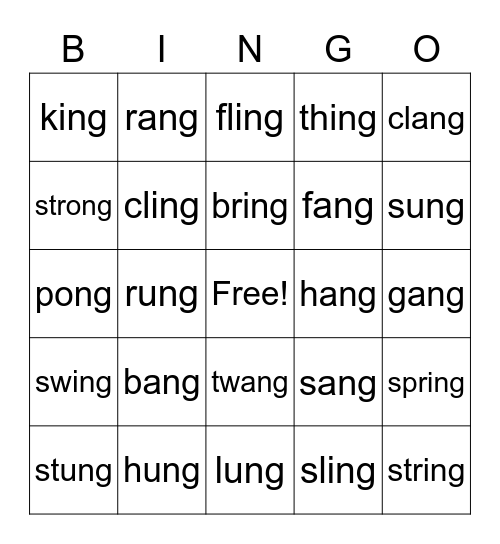 -ng Word Family Bingo Card