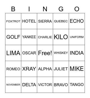Phonetic Alphabet Bingo Card