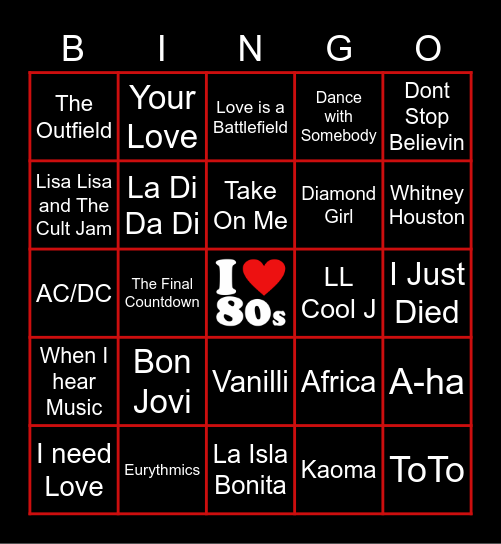 80's Musical Bingo Card