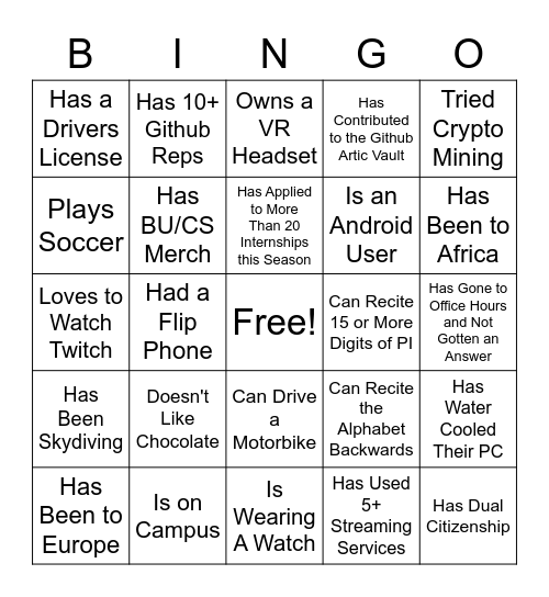 UPE Social Event Bingo Card