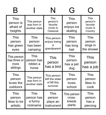 Independent Living Bingo Card