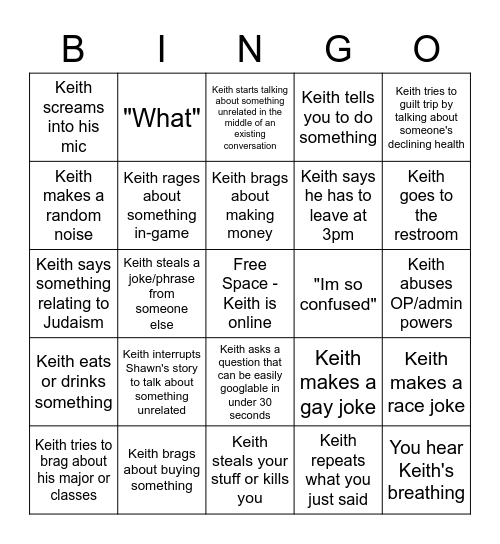 Keith Bingo Card