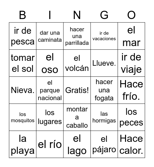 Español 3-1A: Ir de cámping Bingo Card