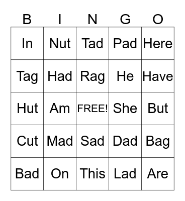 CVC and Sight Words  Bingo Card
