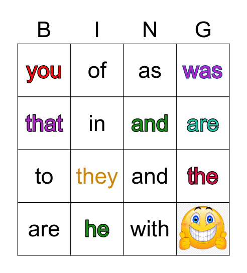 1st grade HFW Bingo-(K lvl) Bingo Card